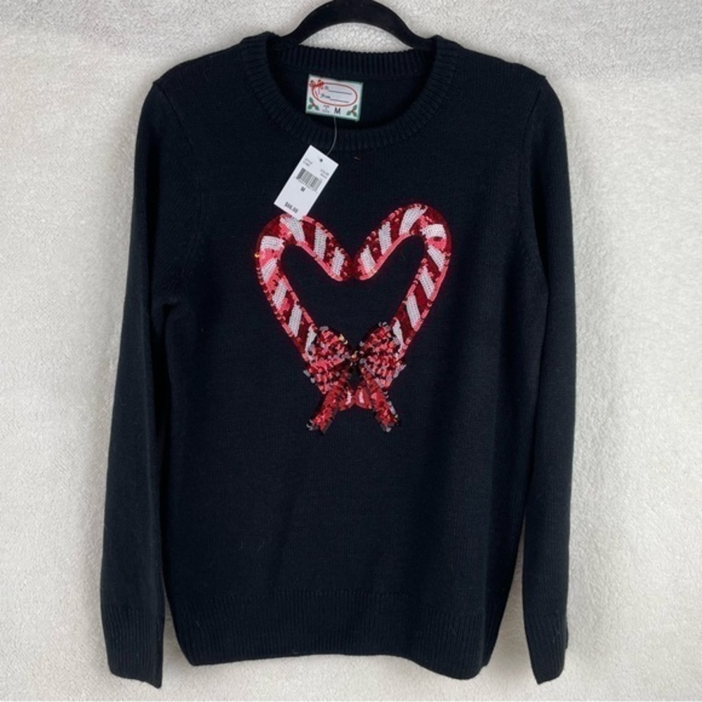 NWT Christmas Candy Cane Sequin Heart Sweater‎ Black Red Holiday Medium 5178BV